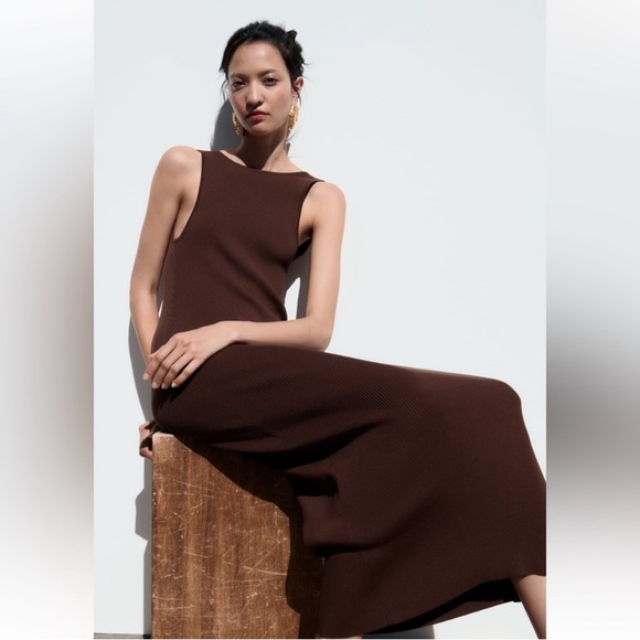 Zara Small Chocolate Brown Ribbed Midi Low Back Dress VGUC - Picture 4 of 8